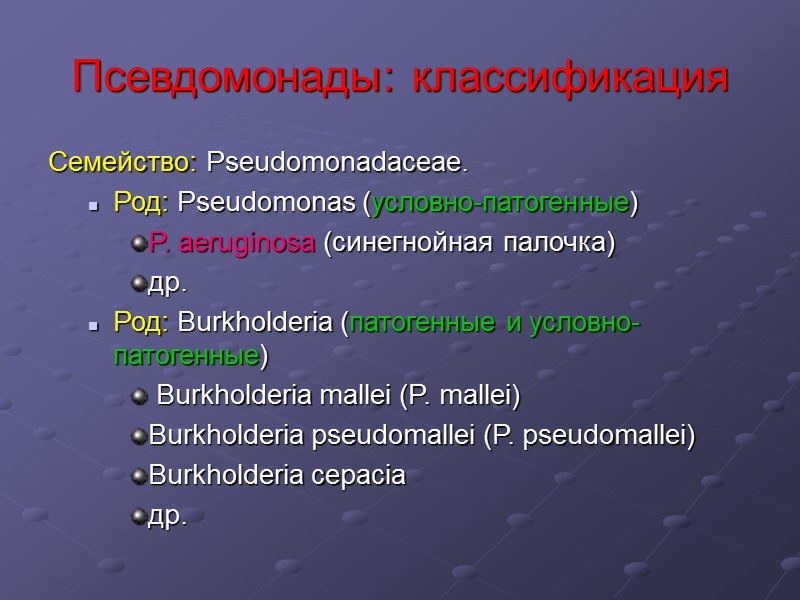 Псевдомонады: классификация Семейство: Pseudomonadaceae. Род: Pseudomonas (условно-патогенные) P. aeruginosa (синегнойная палочка) др. Род: Burkholderia